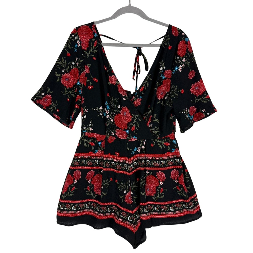 Trixxi Clothing Company Romper Juniors S Black Floral V Neck Half Sleeve Boho